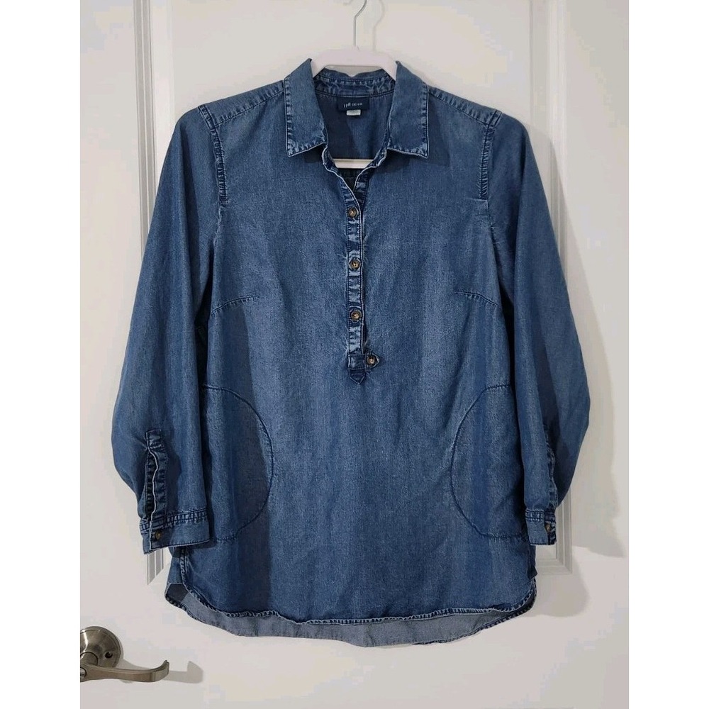 J.Jill Denim Womens Blouse Chambray Tunic Blue Long Sleeve Collared Pockets Sz S